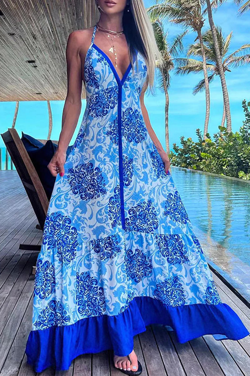 Sexy Vacation Print Backless V Neck Beach Dress Dresses(3 Colors)