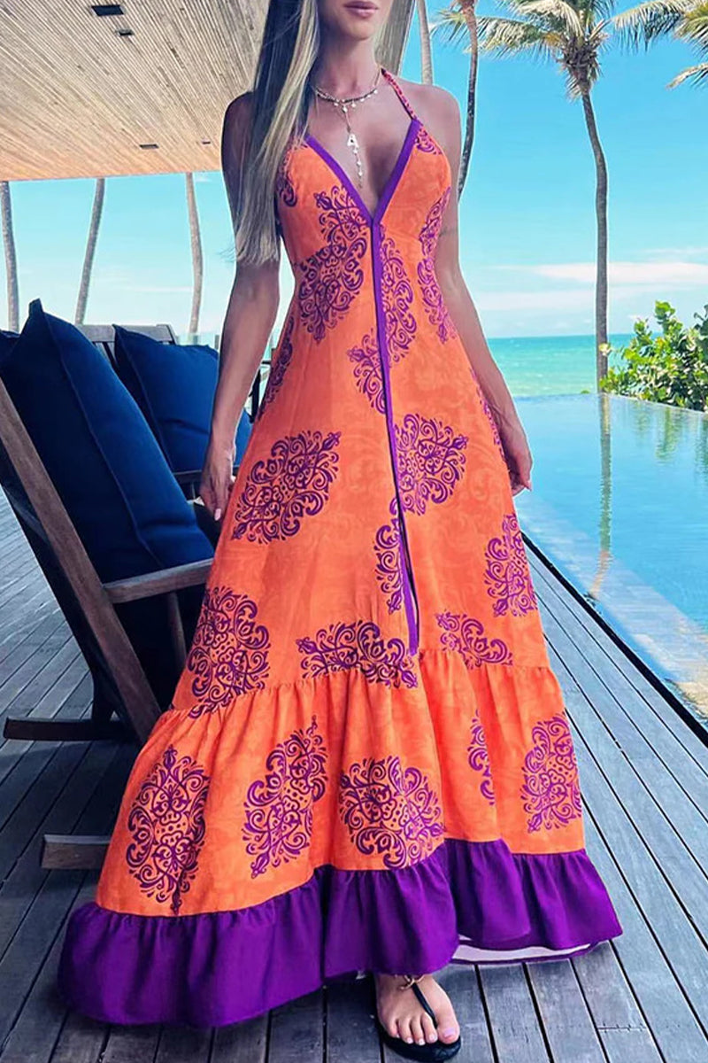 Sexy Vacation Print Backless V Neck Beach Dress Dresses(3 Colors)