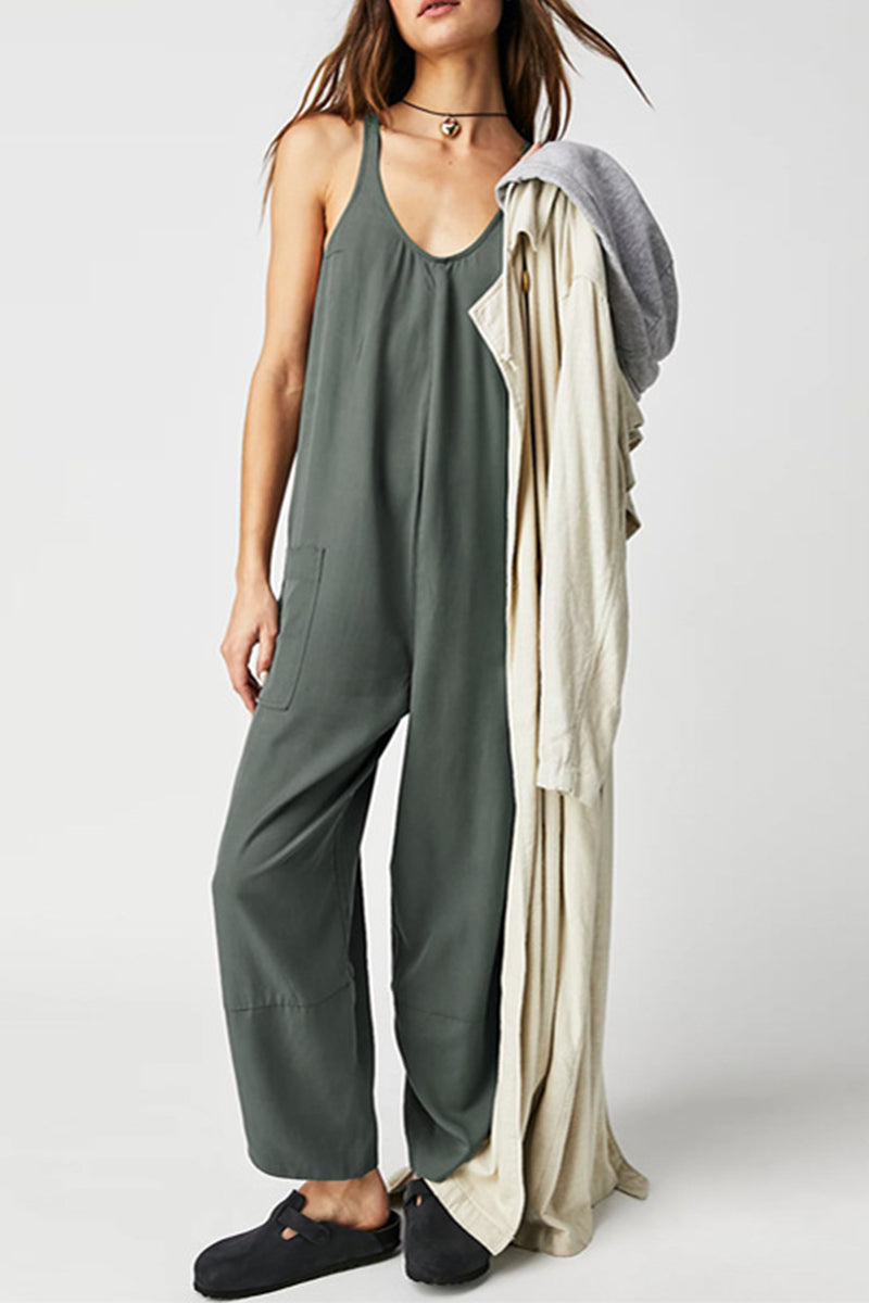 Casual Solid Pocket V Neck Loose Jumpsuits