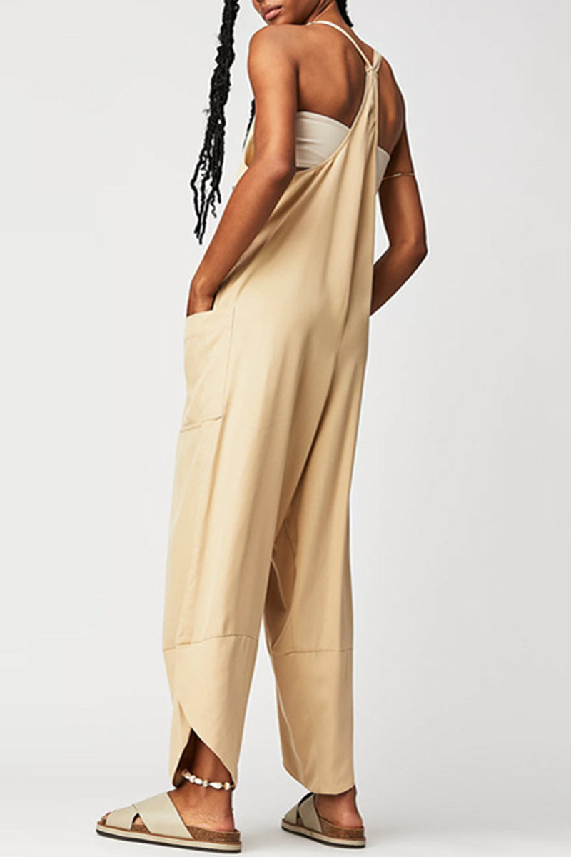 Casual Solid Pocket V Neck Loose Jumpsuits