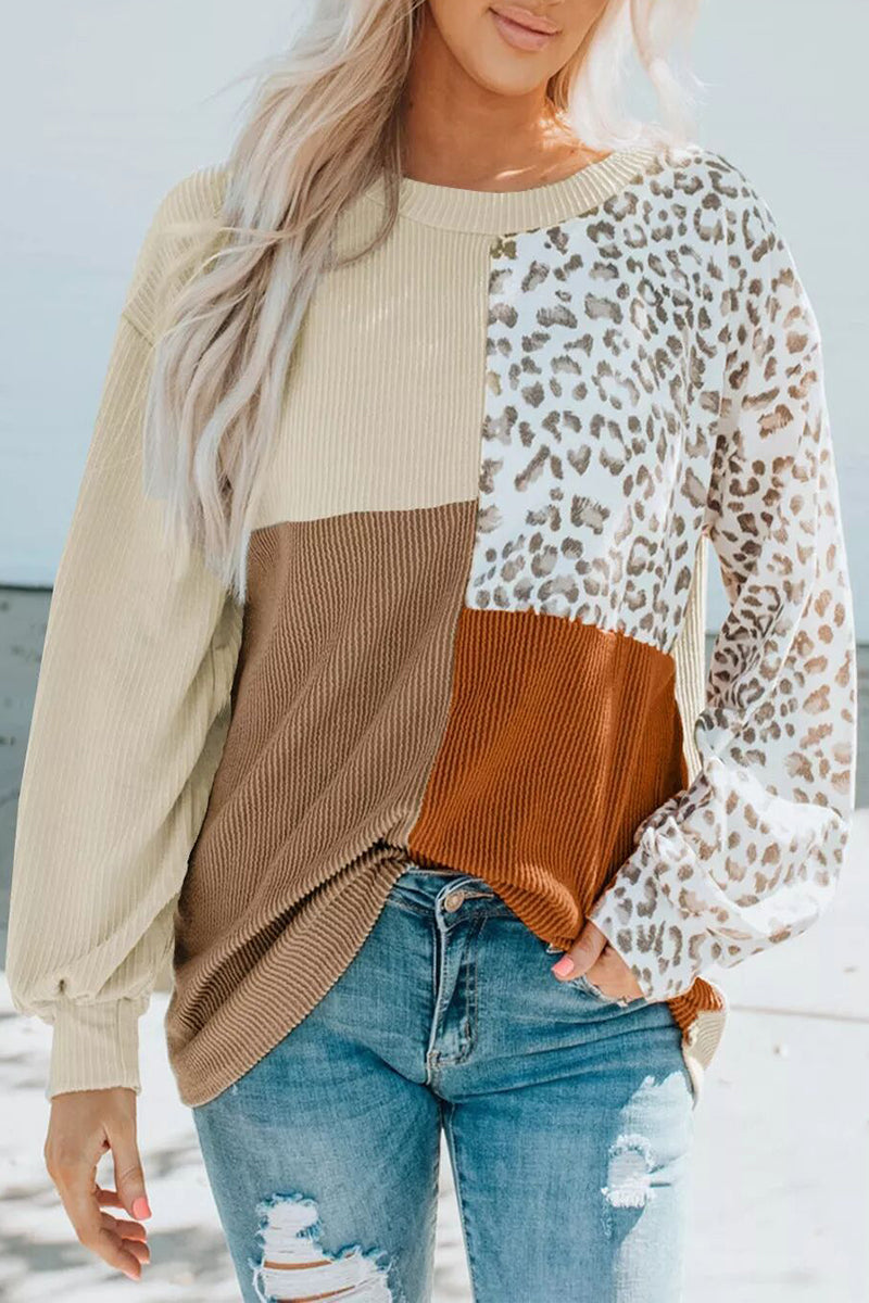 Casual Solid Leopard Contrast O Neck Tops