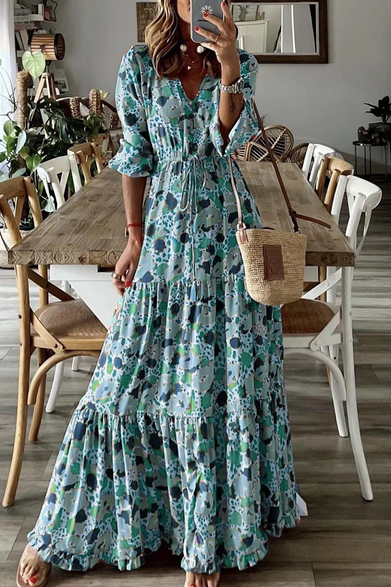 Bohemian College Floral Frenulum V Neck Printed Dress Dresses