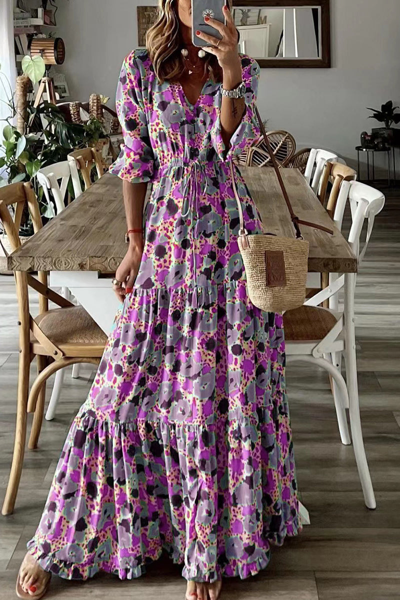 Bohemian College Floral Frenulum V Neck Printed Dress Dresses