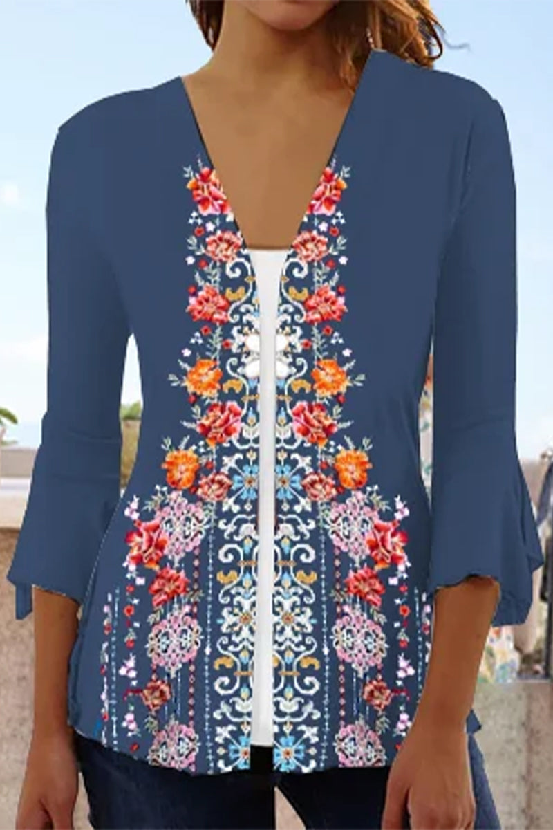 Casual Print Patchwork V Neck Outerwear