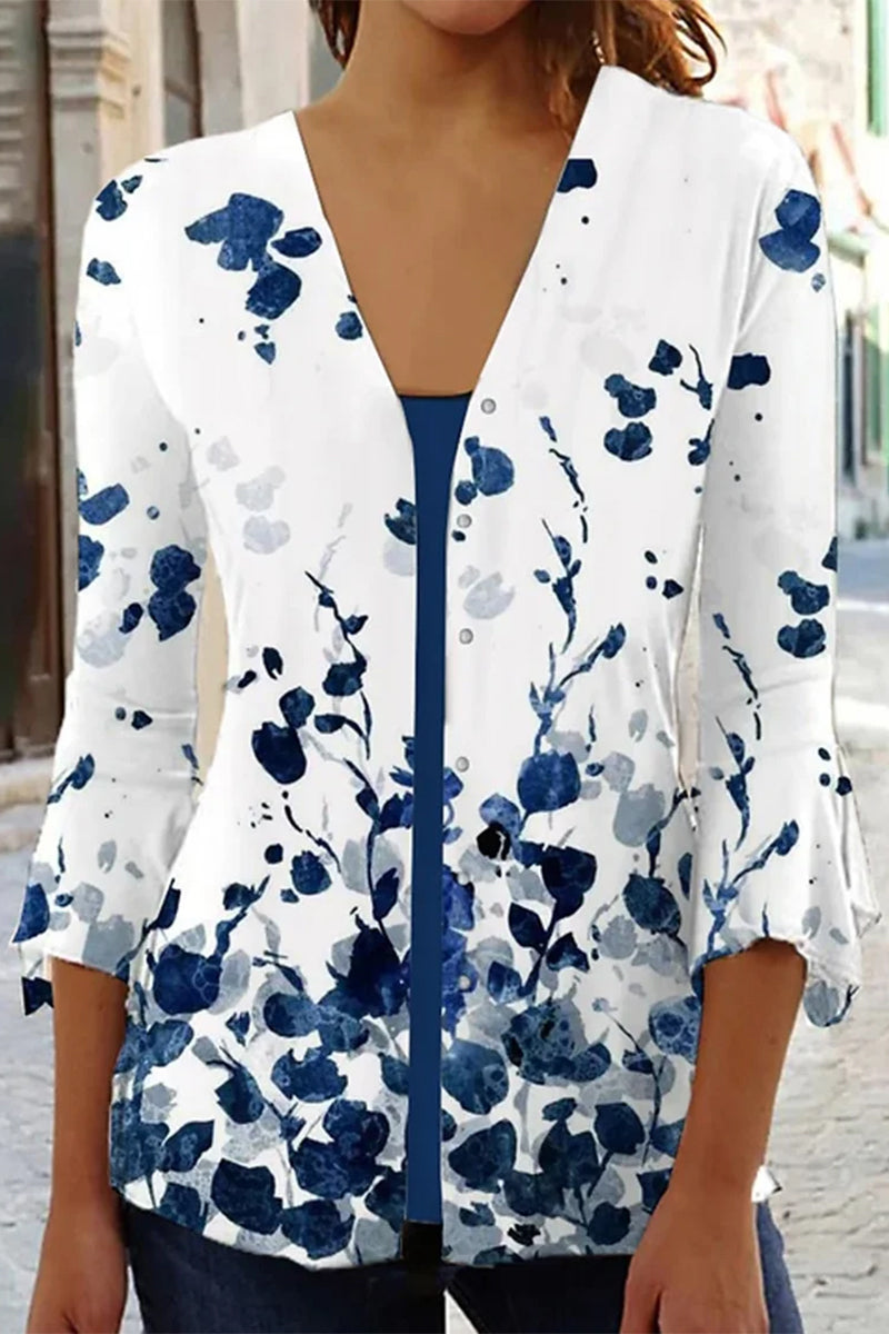 Casual Print Patchwork V Neck Outerwear