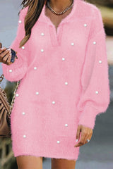 Casual Solid Pearl Turndown Collar Long Sleeve Dresses