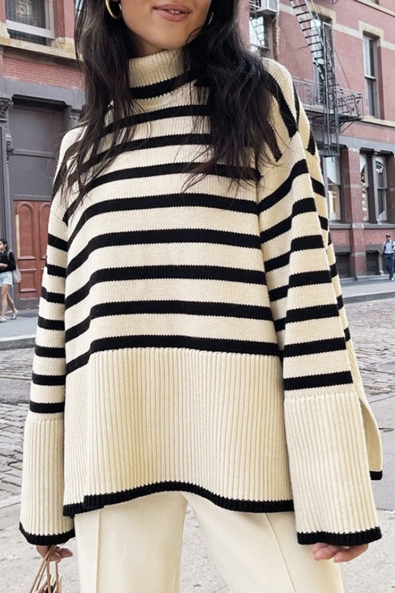 Casual Striped Slit Asymmetrical Turtleneck Tops