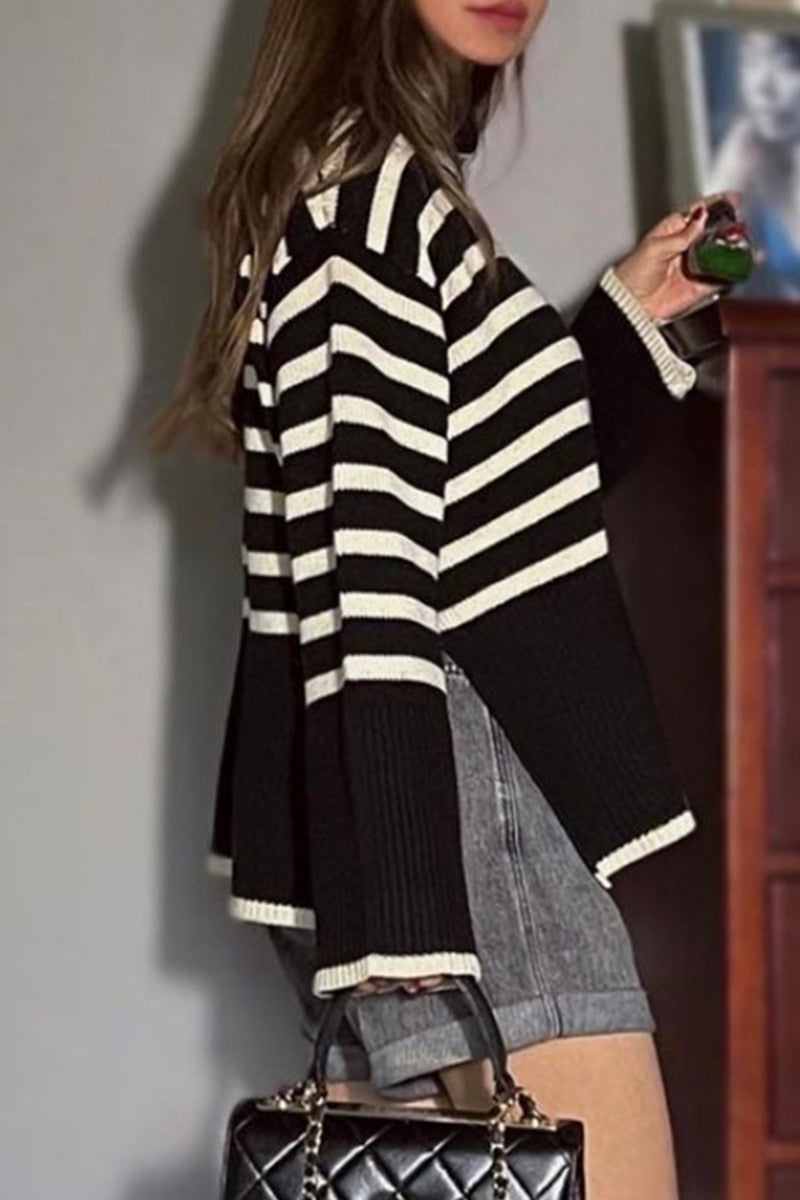 Casual Striped Slit Asymmetrical Turtleneck Tops