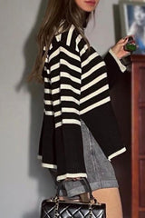 Casual Striped Slit Asymmetrical Turtleneck Tops