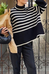 Casual Striped Slit Asymmetrical Turtleneck Tops