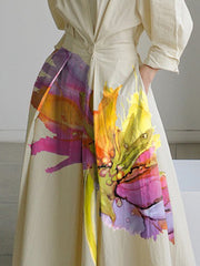 Long Sleeves Loose Floral Printed Pleated Split-Joint Tied Waist Lapel Midi Dresses Shirt Dress