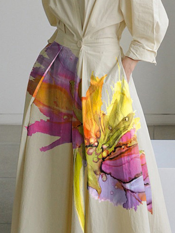 Floral Printed Pleated Split-Joint Tied Waist Long Sleeves Loose Lapel Shirt Dress Midi Dresses