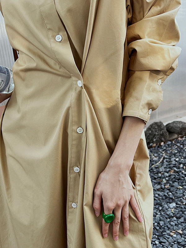 Asymmetric Solid Color Long Sleeves Loose Lapel Shirt Dress