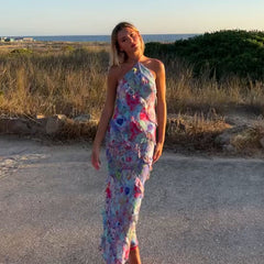 Halter Backless Ruffle Printed Dress