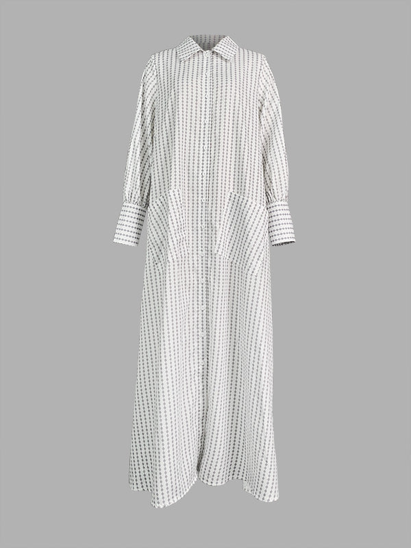Buttoned Split-side Striped Long Sleeves Loose Lapel Shirt Dress Maxi Dresses