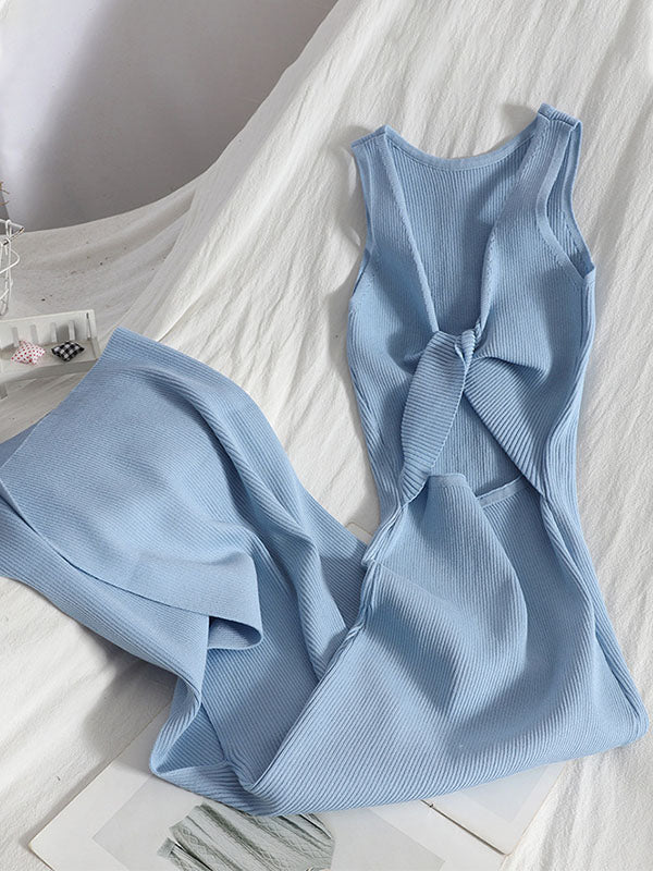 Bowknot Hollow Solid Color Bodycon Sleeveless Midi Dresses