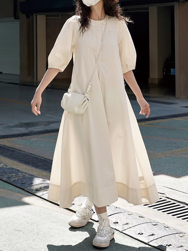 Solid Color Loose Puff Sleeves Round-Neck Midi Dresses