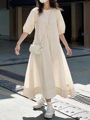 Solid Color Loose Puff Sleeves Round-Neck Midi Dresses