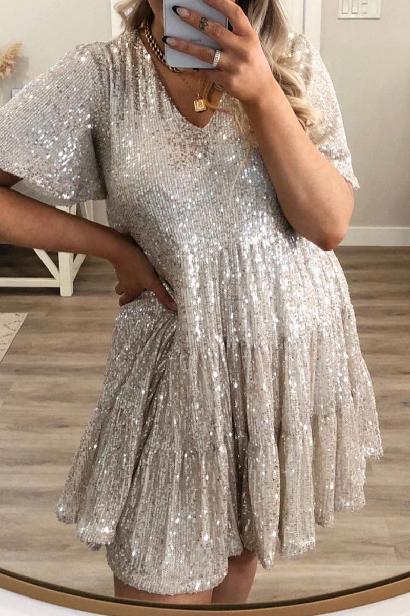 Sequins Ina Line Casual Solid Sequins Sequined O Neck A Line Dresses(9 Colors) – JeeBas