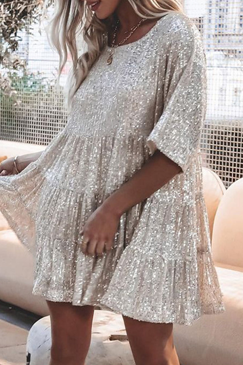 Sequins Ina Line Casual Solid Sequins Sequined O Neck A Line Dresses(9 Colors) – JeeBas