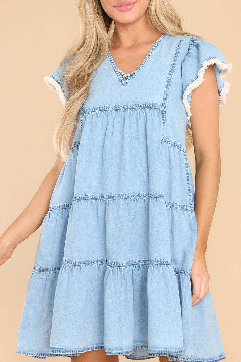 Solid Flounce V Neck Short Sleeve Loose Denim Dresses