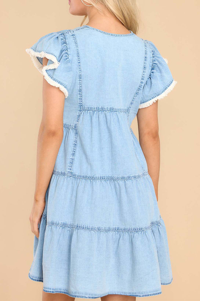 Solid Flounce V Neck Short Sleeve Loose Denim Dresses