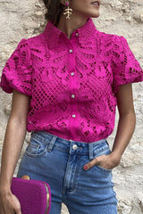 Casual Solid Lace Hollowed Out Turndown Collar Tops