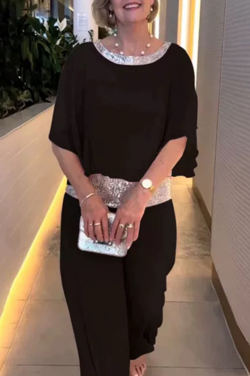 Casual Solid Sequins O Neck Two Pieces