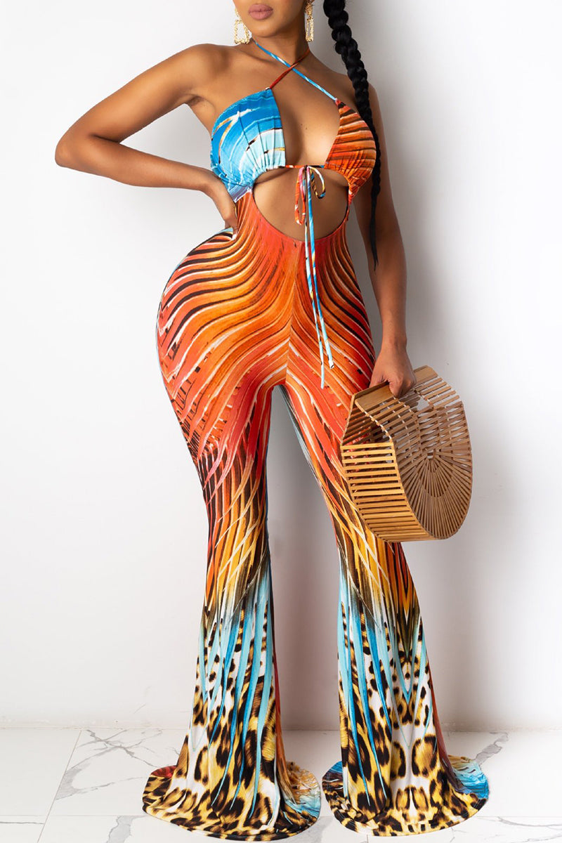 Sexy Print Bandage Patchwork Halter Regular Jumpsuits