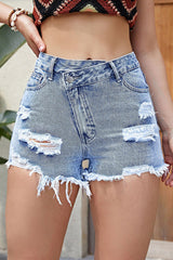 Casual Street Solid Ripped Asymmetrical High Waist Denim Shorts