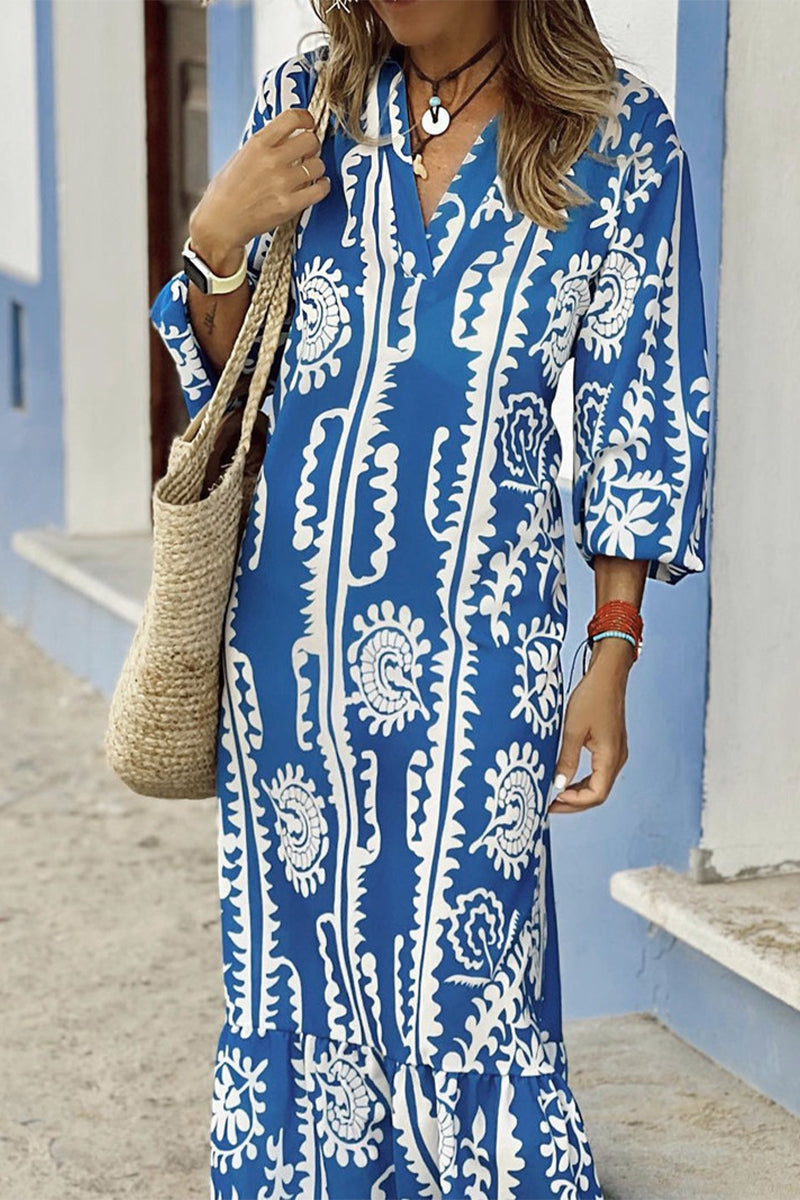 Casual Vintage Geometric Print V Neck A Line Dresses