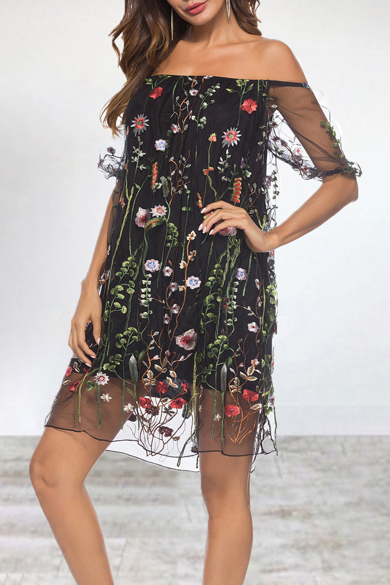 Elegant Animal Flowers Leaves Lace Embroidered Off the Shoulder A Line Dresses