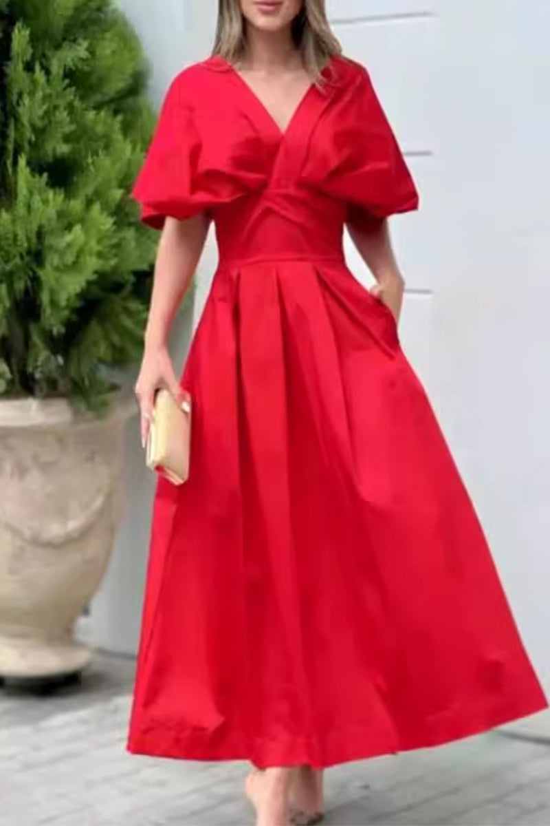 Elegant Solid Fold V Neck Princess Dresses