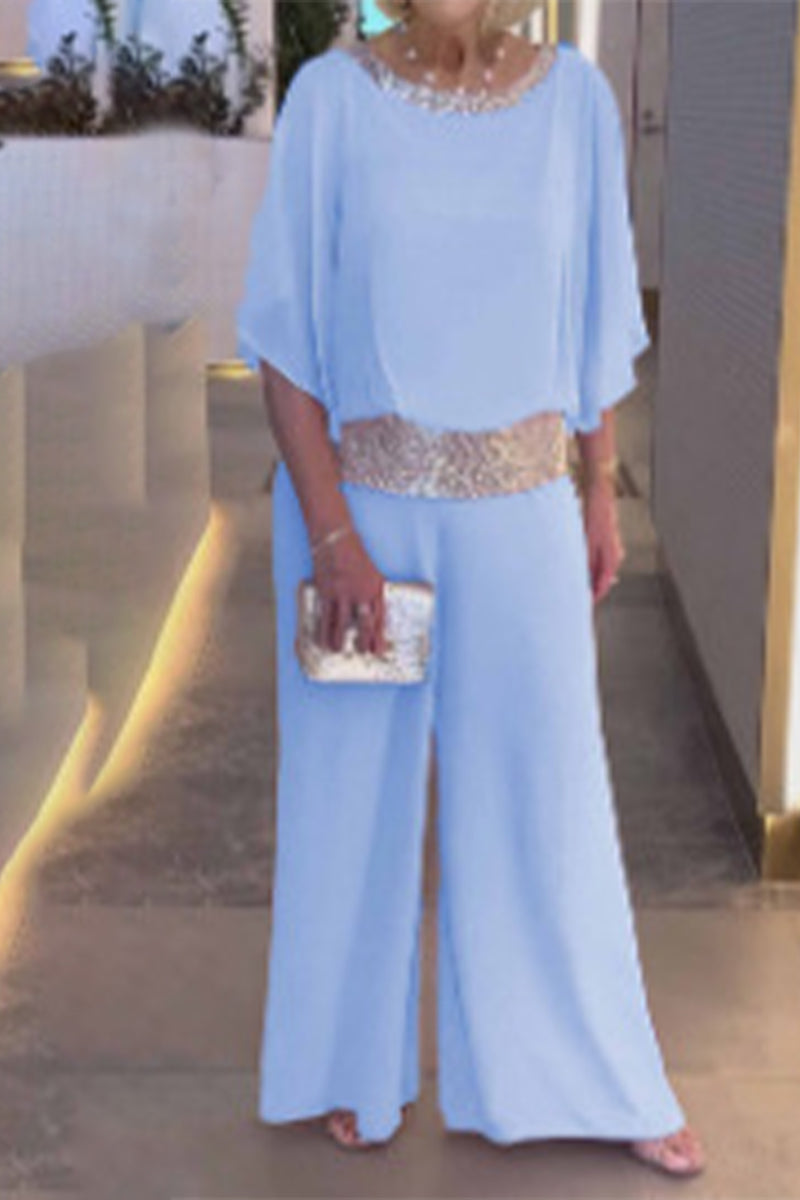 Casual Solid Sequins O Neck Two Pieces