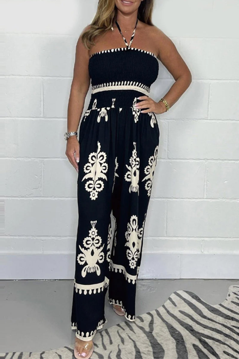 Sexy National Totem Print Patchwork Halter Loose Jumpsuits