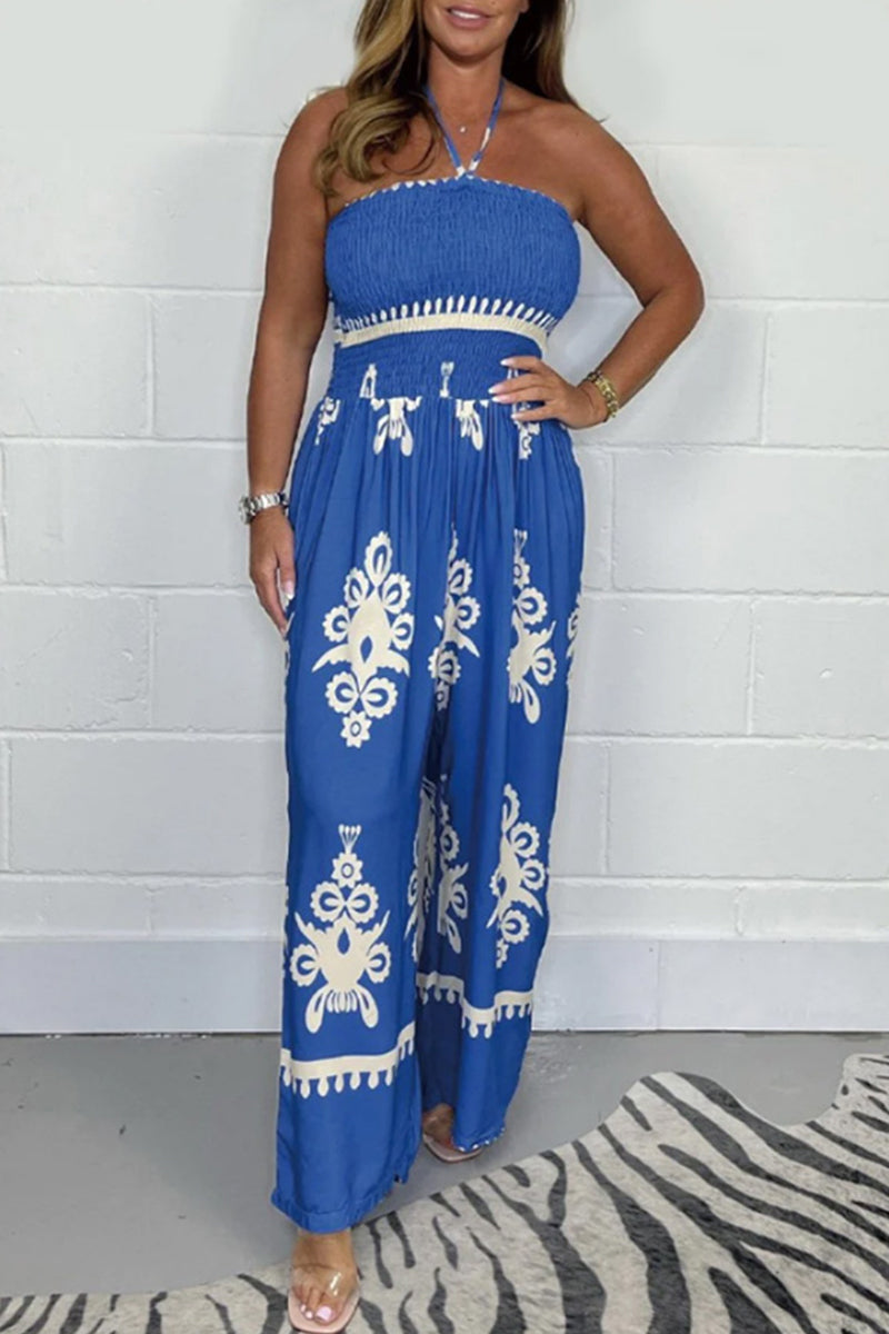 Sexy National Totem Print Patchwork Halter Loose Jumpsuits