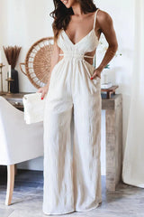 Casual Solid Pocket Backless V Neck Loose Jumpsuits