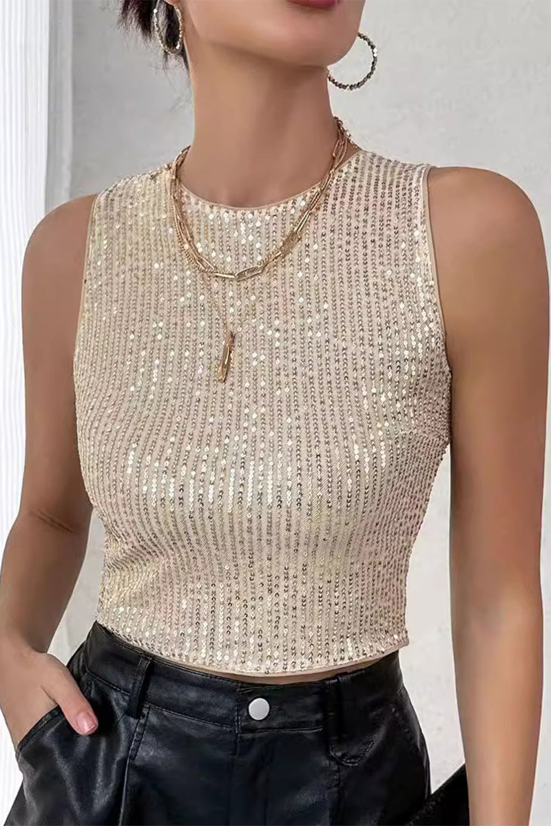 Sexy Solid Sequins Sequined O Neck Tops