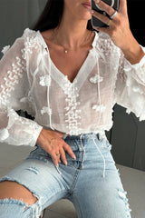 Sexy Jacquard Solid Color Lace Up See-Through V Neck Tops(3 Colors)