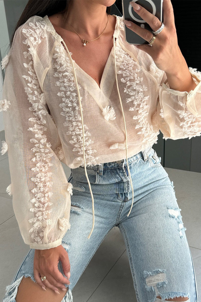 Sexy Jacquard Solid Color Lace Up See-Through V Neck Tops(3 Colors)