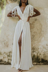 Sexy Vacation Solid Color Slit Strap Design V Neck Beach Dresses