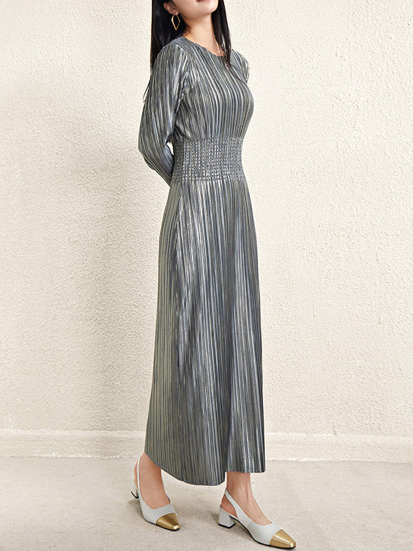 Bronzing Pleated Shiny Solid Color A-Line High Waisted Round-Neck Midi Dresses