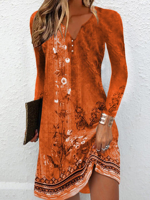 Floral Printed Long Sleeves Loose V-Neck Mini Dresses