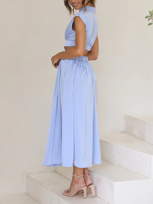 Belly-Hollow Pleated Solid Color Cap Sleeve Stand Collar Maxi Dresses