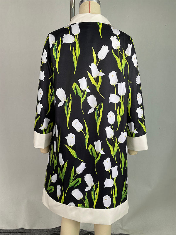 Buttoned Flower Print A-line Loose Stand Collar Mini Dresses