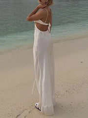 Solid Color Pleated Bandage Spaghetti-Neck Elegant Satin Maxi Dresses