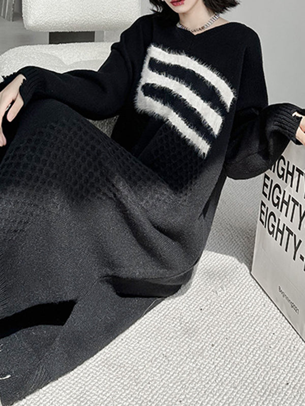 Split-Joint Split-side Long Sleeves Loose V-neck Sweater Dresses Midi Dresses