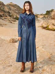 Vintage Bohemia Embroidered A-Line Dress Denim Midi Dress