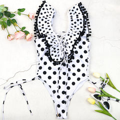 Ruffle Lace Up Printed Backless One Piece Swimsuit