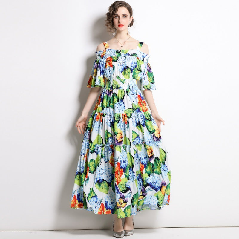 Printed Off Shoulder Maxi Dress Flaxmaker
